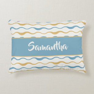 Yellow & Teal Waves Personalized Nautical Boho Decorative Cushion