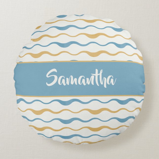 Yellow & Teal Waves Personalized Nautical Boho Round Cushion (Front)