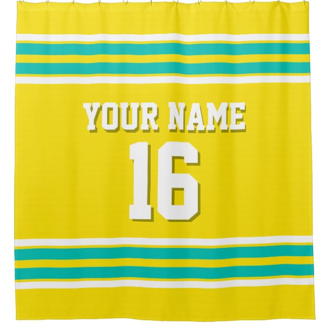 Yellow Teal White Stripes Sports Jersey Shower Curtain (Front)