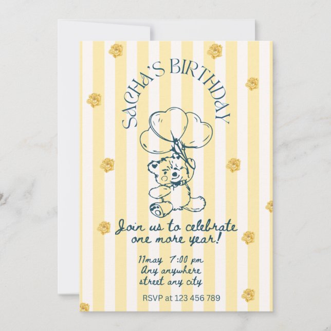 Yellow Teddy Bear Birthday Invitation Card  (Front)