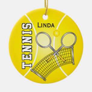Yellow Tennis Ball and Net Ceramic Tree Decoration