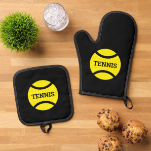 Yellow tennis ball logo personalised kitchen oven mitt & pot holder set