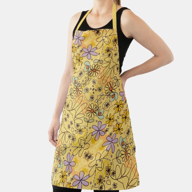Yellow Terracotta Abstract Flowers Floral Pattern Apron (Insitu)