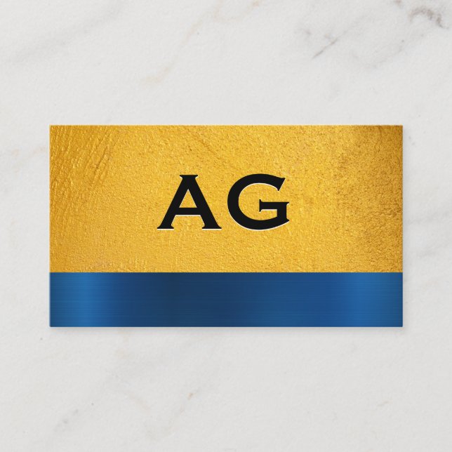 Yellow Texture | Blue Metallic Texture Monogram Business Card (Front)