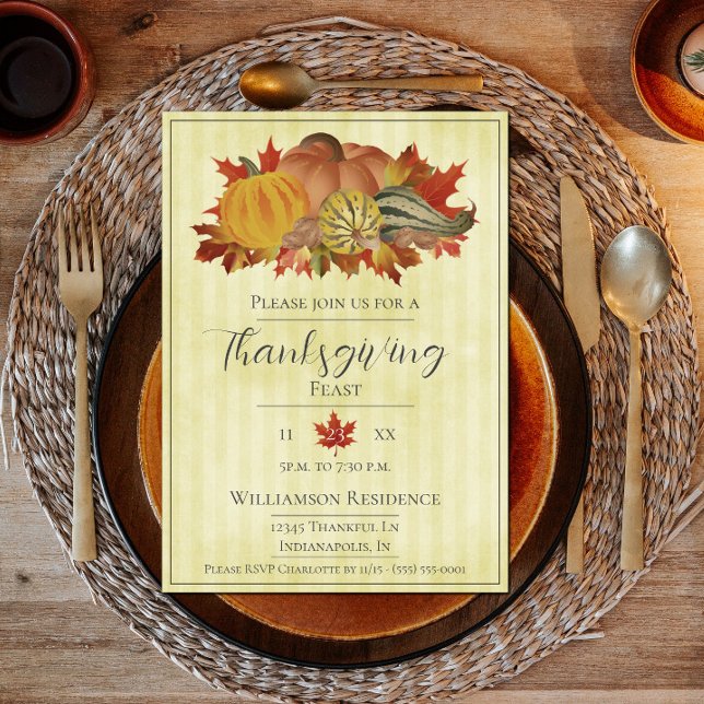 Yellow Thanksgiving Pumpkins and Squash Dinner Invitation (Thanksgiving Pumpkins and Squash Dinner Party Invite - Yellow)