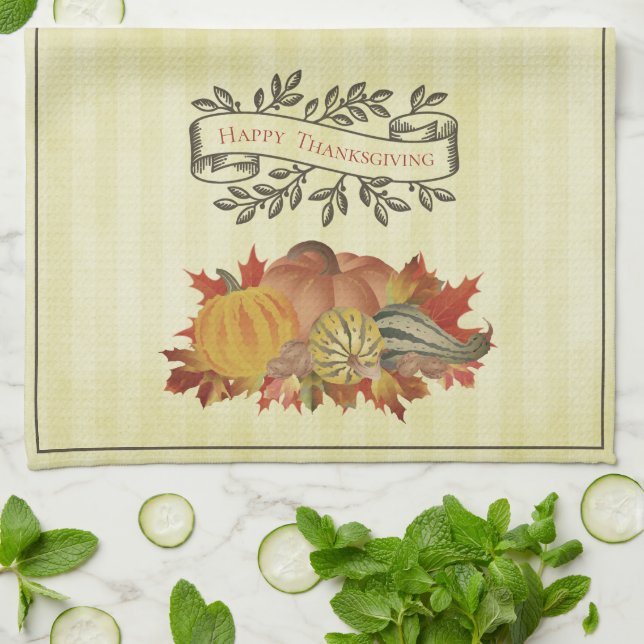 Yellow Thanksgiving Pumpkins and Squash Tea Towel (Folded)