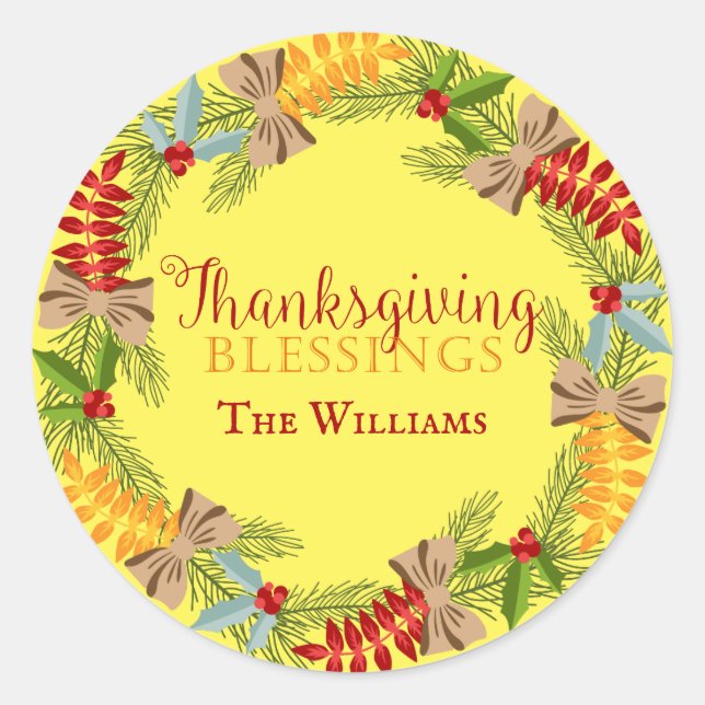 Yellow Thanksgiving Wreath Classic Round Sticker (Front)