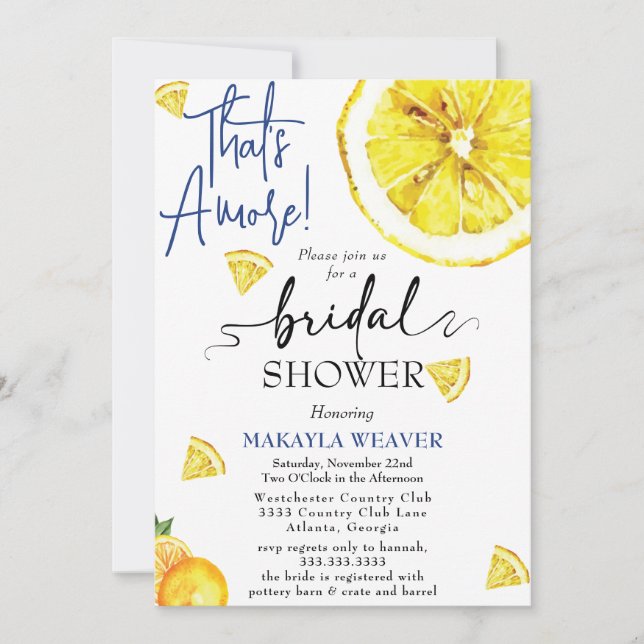 yellow That's Amore Lemon Bridal Shower Invitation (Front)