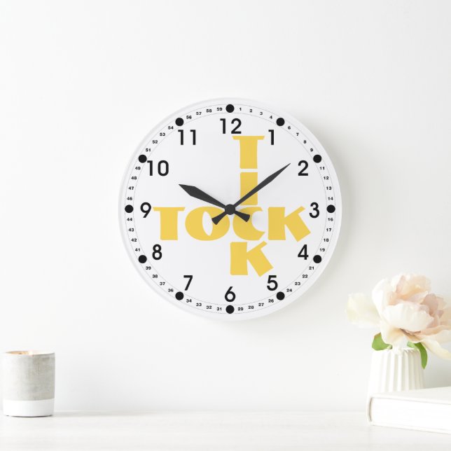 Yellow Tick Tock Typography Crossword Clock Face (Home)