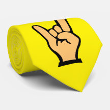 yellow tie with a rock sign hand