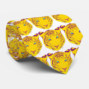 Yellow Tiger Head Purple Accents on White Necktie