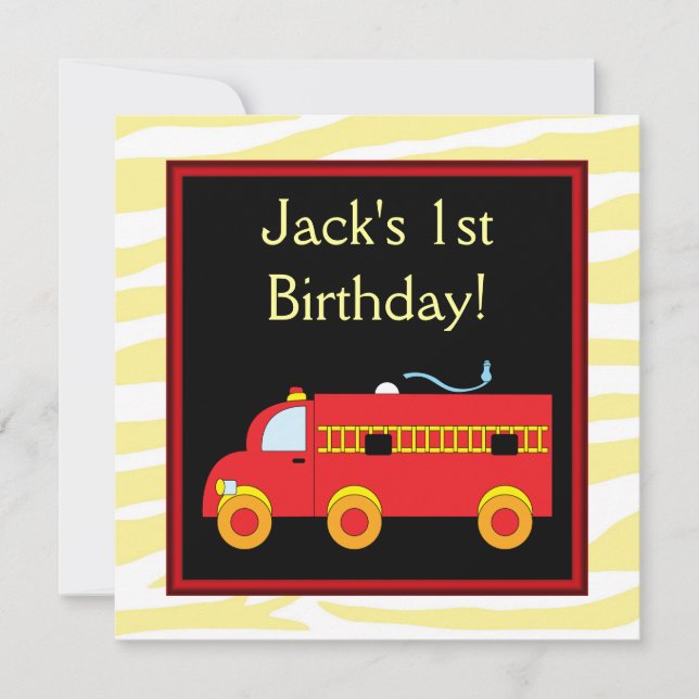 Yellow Tiger Red Fire Truck Boy 1st Birthday Party Invitation (Front)