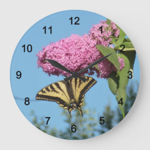 Yellow Tiger Swallowtail on Pink Butterfly Bush Fl Large Clock