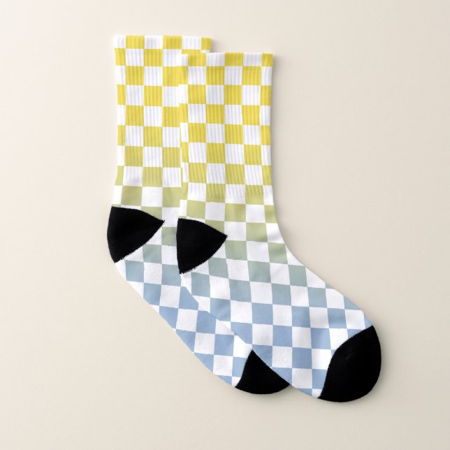 Yellow to Light Blue and White Chequered Pattern Socks (Pair)