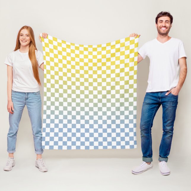 Yellow to Light Blue Gradient Chequered Pattern Fleece Blanket (In Situ)