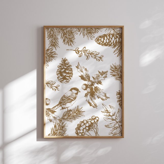 Yellow Toile Christmas Bird and Pine Poster (Creator Uploaded)