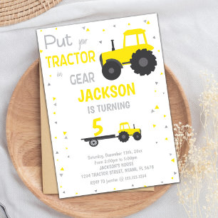 Yellow Tractor Birthday Invitations