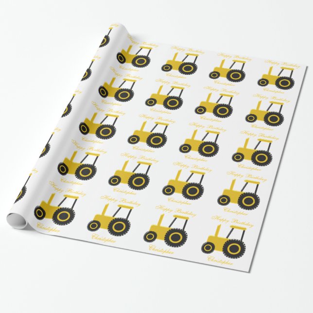 Yellow Tractor Birthday Present Wrapping Paper (Unrolled)