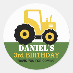 Yellow Tractor Cartoon Kids Birthday Party Sticker