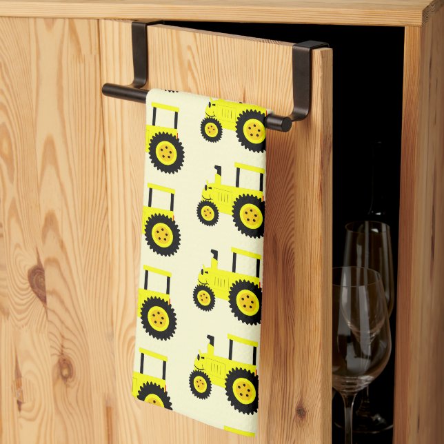 Yellow Tractor Design Any Colour Background Tea Towel (Thirds Fold)