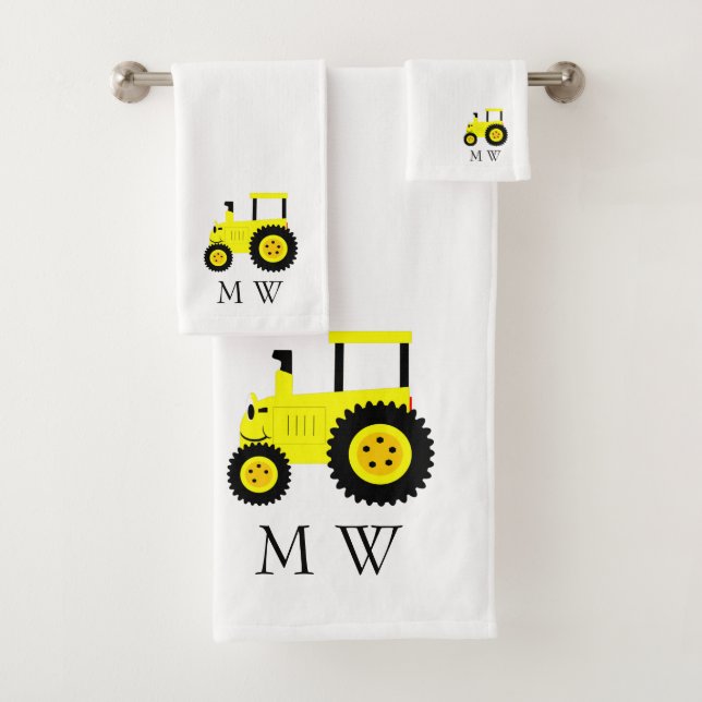 Yellow Tractor Design Monogrammed Bath Towel Set (Insitu)
