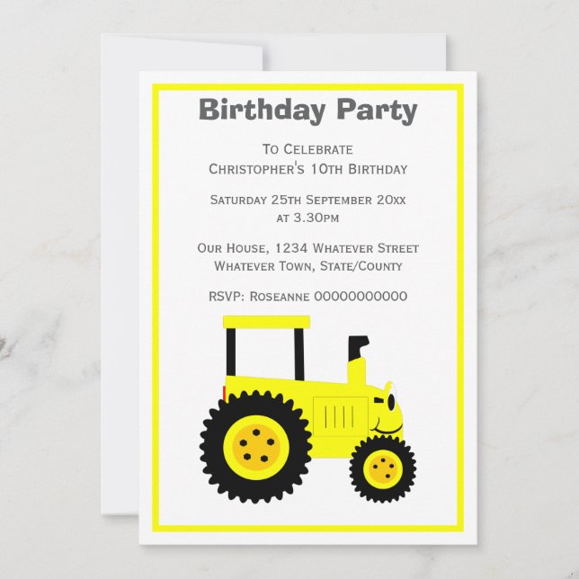 Yellow Tractor Design Personalised Birthday Party Invitation (Front)