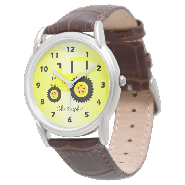 Yellow Tractor Design Personalised Watch (Angled)