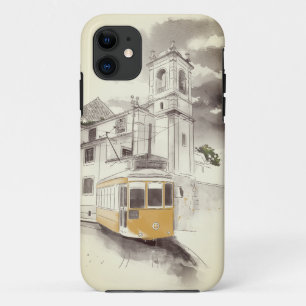 Yellow Tram in Black and White Watercolor Scenery iPhone 11 Case