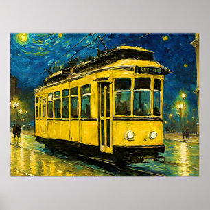 yellow tram on a starry  night -Budapest Poster