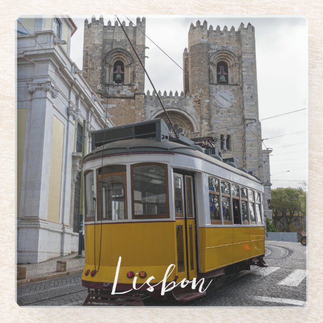 Yellow tram on Lisbon Cathedral in Portugal Glass Coaster (Front)
