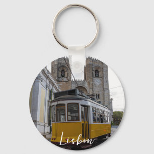 Yellow tram on Lisbon Cathedral in Portugal Key Ring