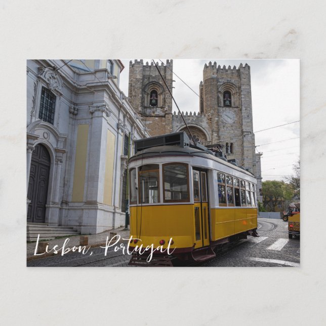 Yellow tram on Lisbon Cathedral in Portugal Postcard (Front)
