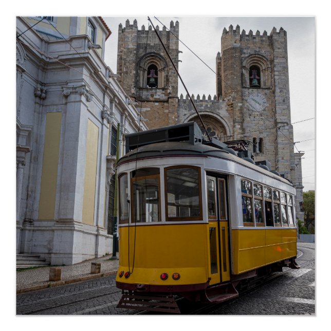 Yellow tram on Lisbon Cathedral in Portugal Poster (Front)