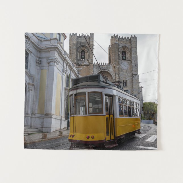 Yellow tram on Lisbon Cathedral in Portugal Tapestry (Front (Horizontal))