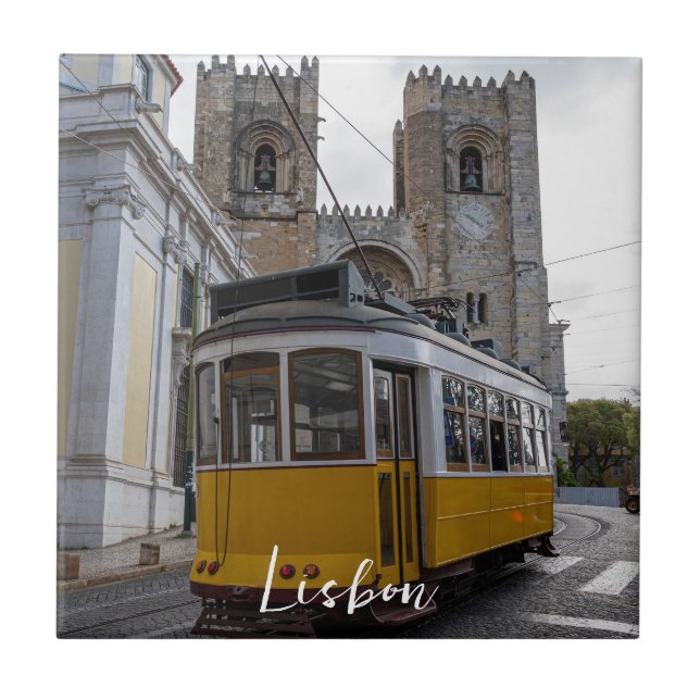 Yellow tram on Lisbon Cathedral in Portugal Tile (Front)