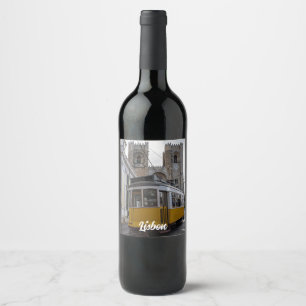 Yellow tram on Lisbon Cathedral in Portugal Wine Label