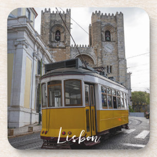 Yellow tram on Lisbon Cathedral Portugal Coaster