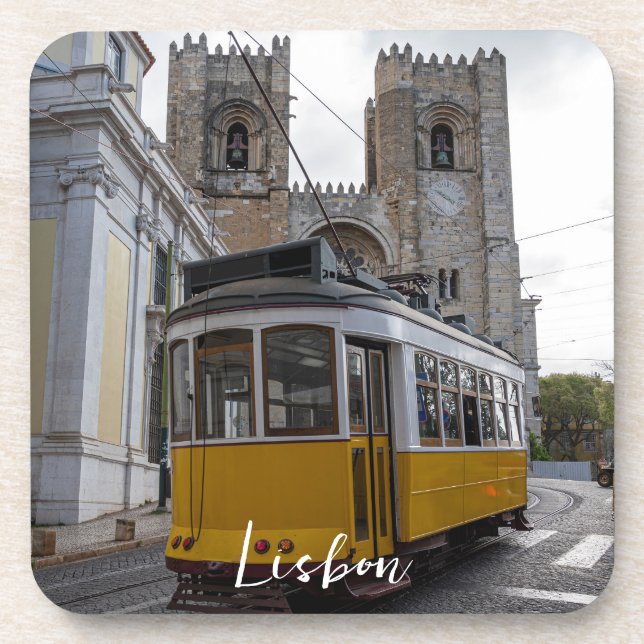 Yellow tram on Lisbon Cathedral Portugal Coaster (Front)