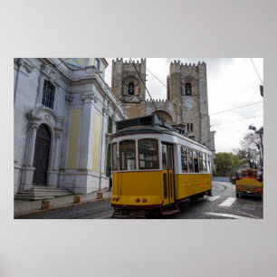 Yellow tram on Lisbon Cathedral Portugal Poster