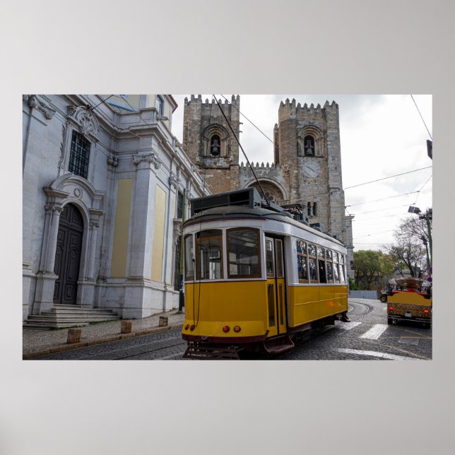 Yellow tram on Lisbon Cathedral Portugal Poster (Front)