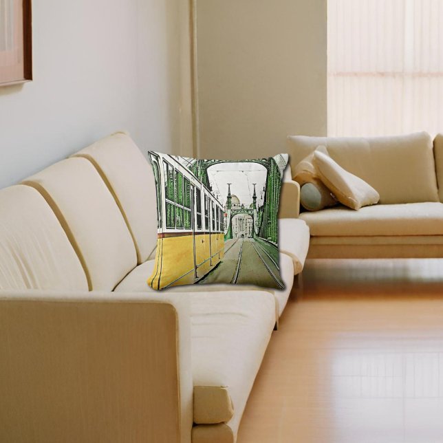 yellow tram on the Liberty bridge Cushion (Creator Uploaded)