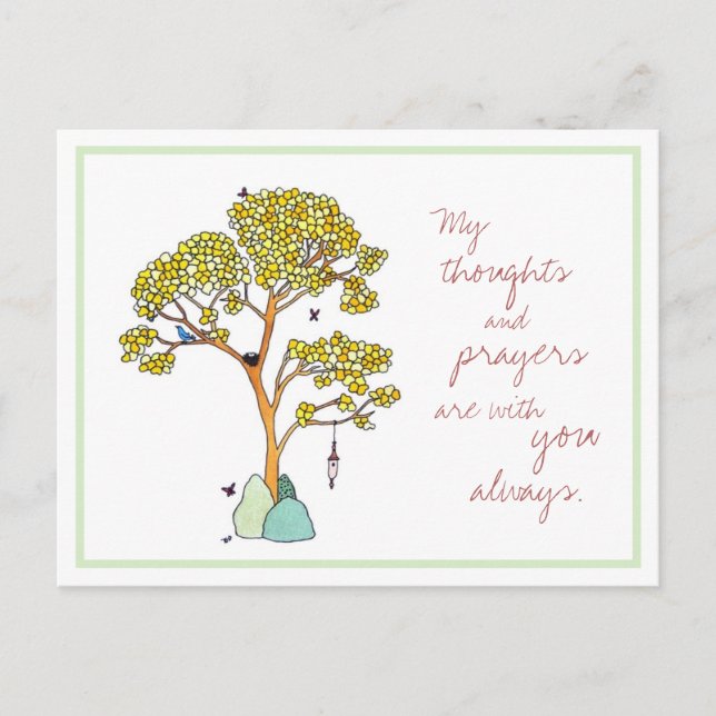 Yellow Tree with Bluebirds Thoughts & Prayers Postcard (Front)