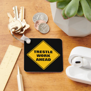 Yellow trestle work ahead road sign personalised key ring