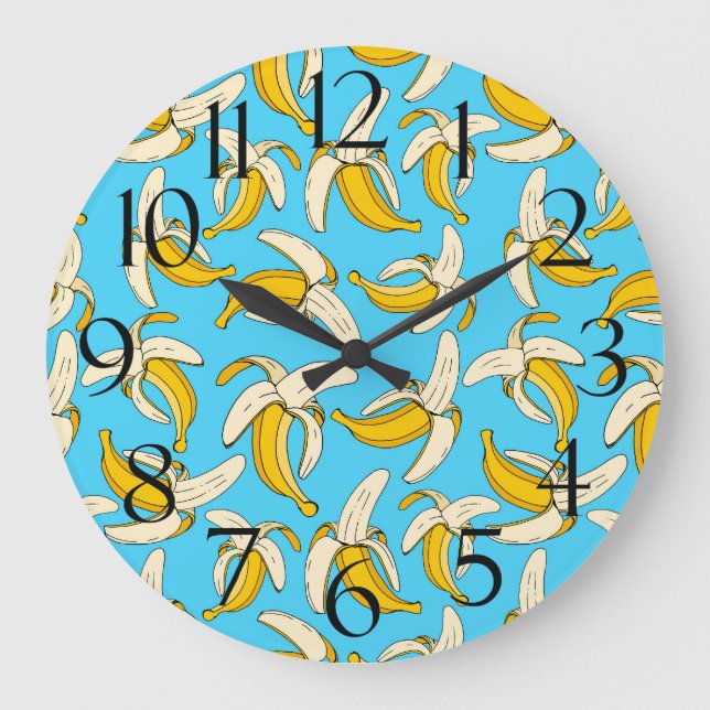 Yellow Tropical Bananas on Blue Trendy Fruit Large Clock (Front)