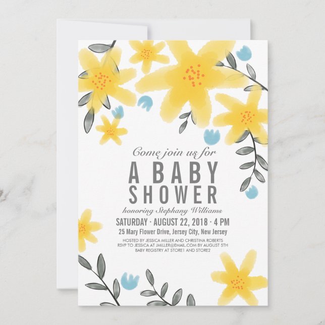 Yellow Tropical Floral Baby Shower Invite Girl (Front)