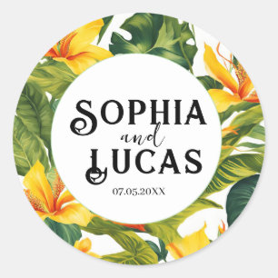 Yellow Tropical Floral Wedding Classic Round Sticker