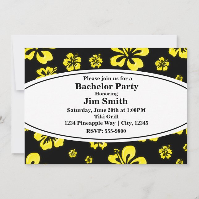 Yellow Tropical Hibiscus Floral Black Invitation (Front)