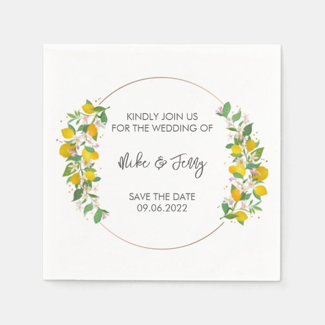 Yellow Tropical Lemon Citrus Monogram Wedding  Napkin (Front)