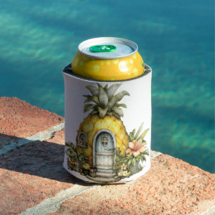 YELLOW TROPICAL PINEAPPLE HOUSE AND FLOWERS CAN COOLER