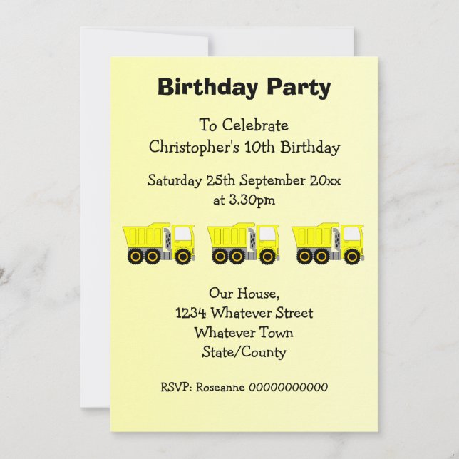 Yellow Truck Design Boy's Birthday Party Invitation (Front)